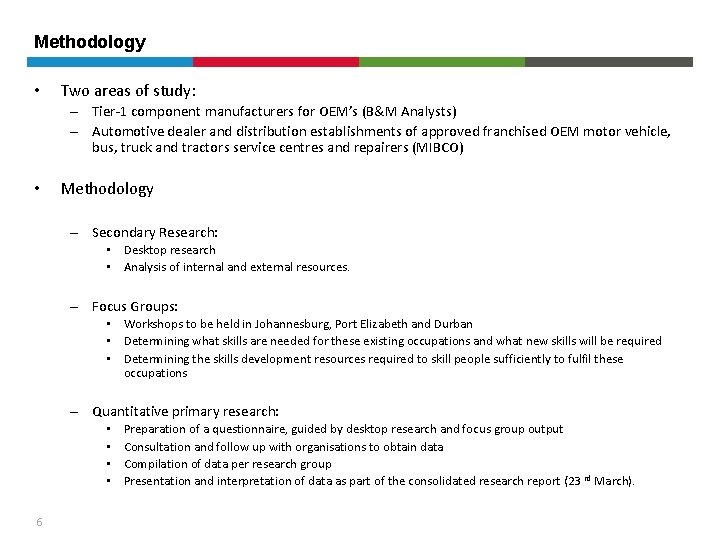 Methodology • Two areas of study: – Tier-1 component manufacturers for OEM’s (B&M Analysts)