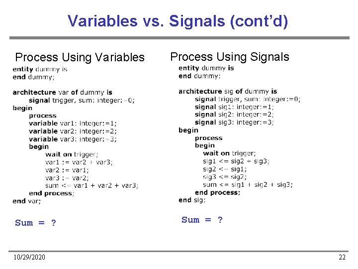Variables vs. Signals (cont’d) Process Using Variables Sum = ? 10/29/2020 Process Using Signals