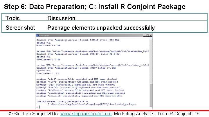 Step 6: Data Preparation; C: Install R Conjoint Package Topic Discussion Screenshot Package elements