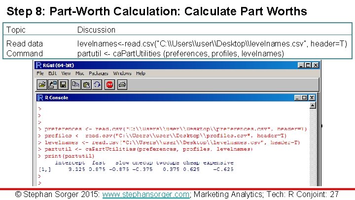 Step 8: Part-Worth Calculation: Calculate Part Worths Topic Discussion Read data Command levelnames<-read. csv(“C:
