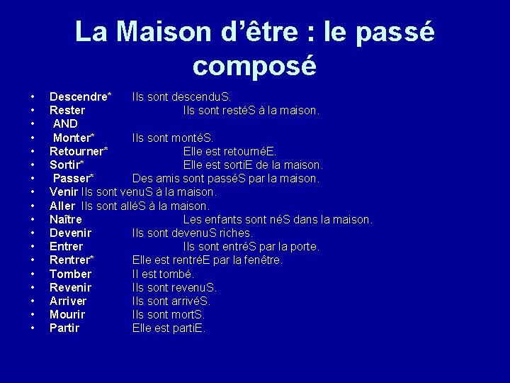 La Maison d’être : le passé composé • • • • • Descendre* Ils