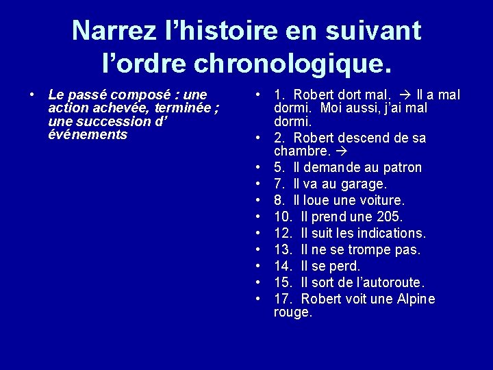 Narrez l’histoire en suivant l’ordre chronologique. • Le passé composé : une action achevée,