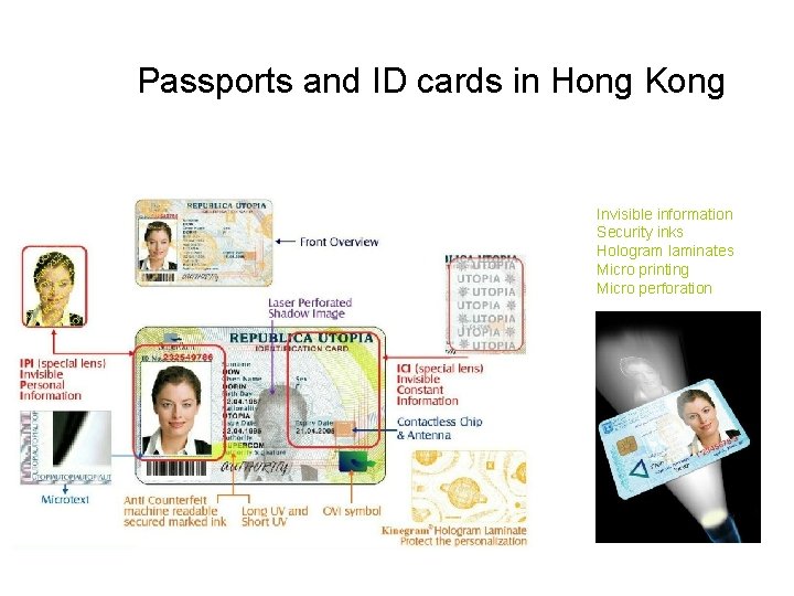 Passports and ID cards in Hong Kong Invisible information Security inks Hologram laminates Micro