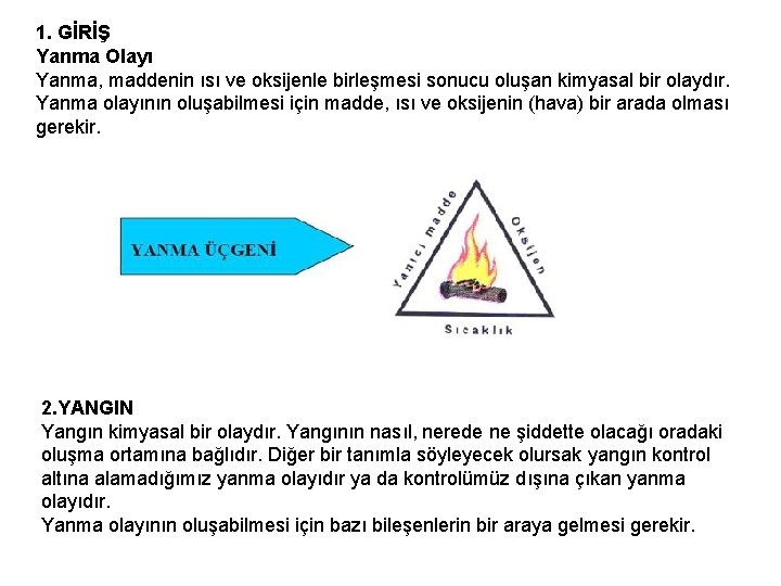 1. GİRİŞ Yanma Olayı Yanma, maddenin ısı ve oksijenle birleşmesi sonucu oluşan kimyasal bir
