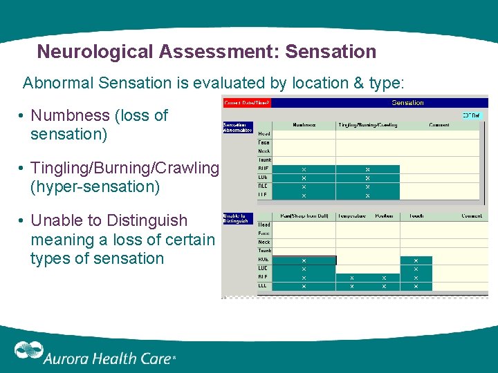 Neurological Assessment: Sensation Abnormal Sensation is evaluated by location & type: • Numbness (loss Neurological Assessment: Sensation Abnormal Sensation is evaluated by location & type: • Numbness (loss