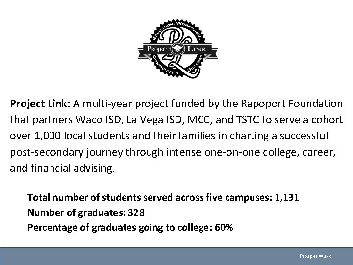 Project Link: A multi-year project funded by the Rapoport Foundation that partners Waco ISD,