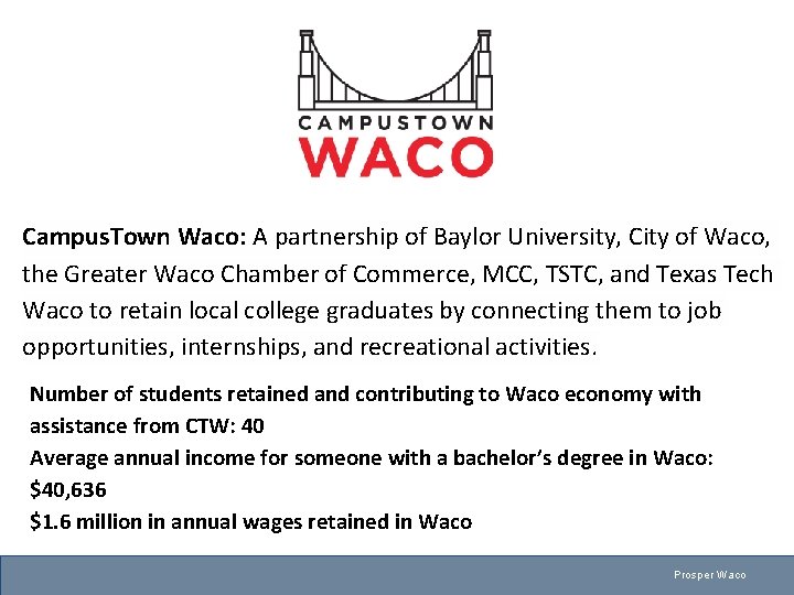 Campus. Town Waco: A partnership of Baylor University, City of Waco, the Greater Waco