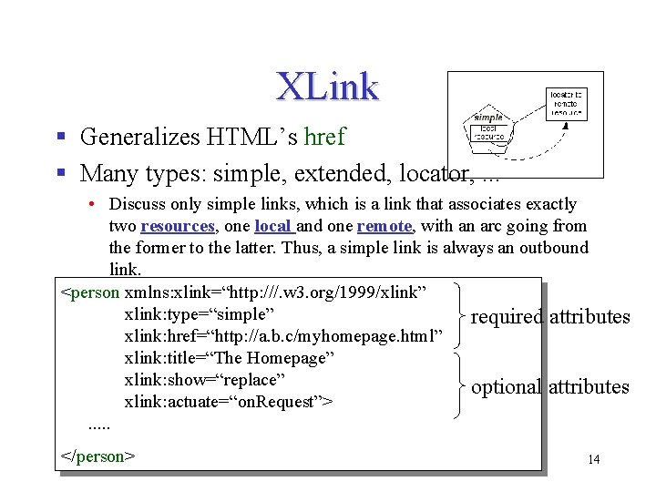 XLink § Generalizes HTML’s href § Many types: simple, extended, locator, . . . XLink § Generalizes HTML’s href § Many types: simple, extended, locator, . . .