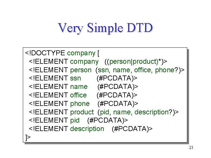 Very Simple DTD <!DOCTYPE company [ <!ELEMENT company ((person|product)*)> <!ELEMENT person (ssn, name, office, Very Simple DTD <!DOCTYPE company [ <!ELEMENT company ((person|product)*)> <!ELEMENT person (ssn, name, office,