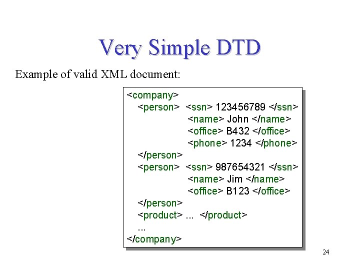 Very Simple DTD Example of valid XML document: <company> <person> <ssn> 123456789 </ssn> <name> Very Simple DTD Example of valid XML document: <company> <person> <ssn> 123456789 </ssn> <name>