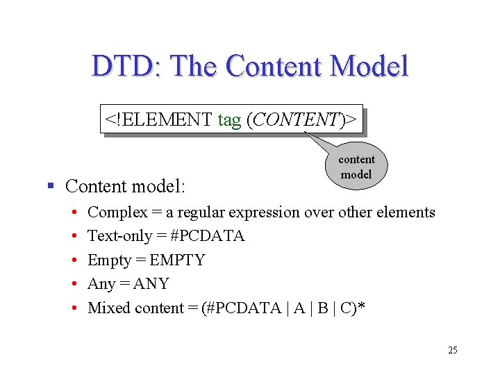 DTD: The Content Model <!ELEMENT tag (CONTENT)> § Content model: • • • content DTD: The Content Model <!ELEMENT tag (CONTENT)> § Content model: • • • content