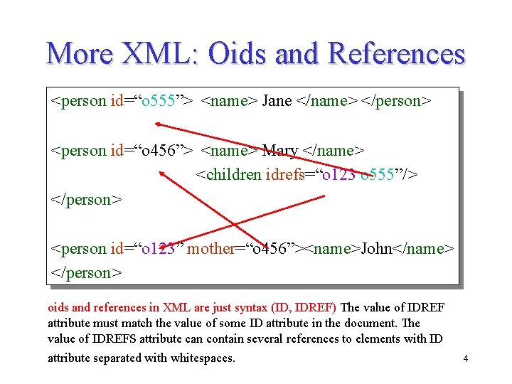 More XML: Oids and References <person id=“o 555”> <name> Jane </name> </person> <person id=“o More XML: Oids and References <person id=“o 555”> <name> Jane </name> </person> <person id=“o