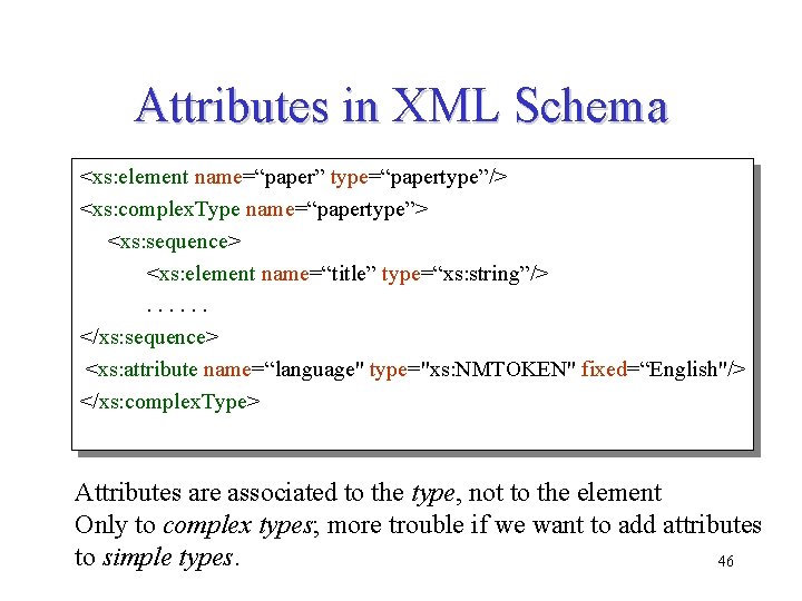 Attributes in XML Schema <xs: element name=“paper” type=“papertype”/> <xs: complex. Type name=“papertype”> <xs: sequence> Attributes in XML Schema <xs: element name=“paper” type=“papertype”/> <xs: complex. Type name=“papertype”> <xs: sequence>