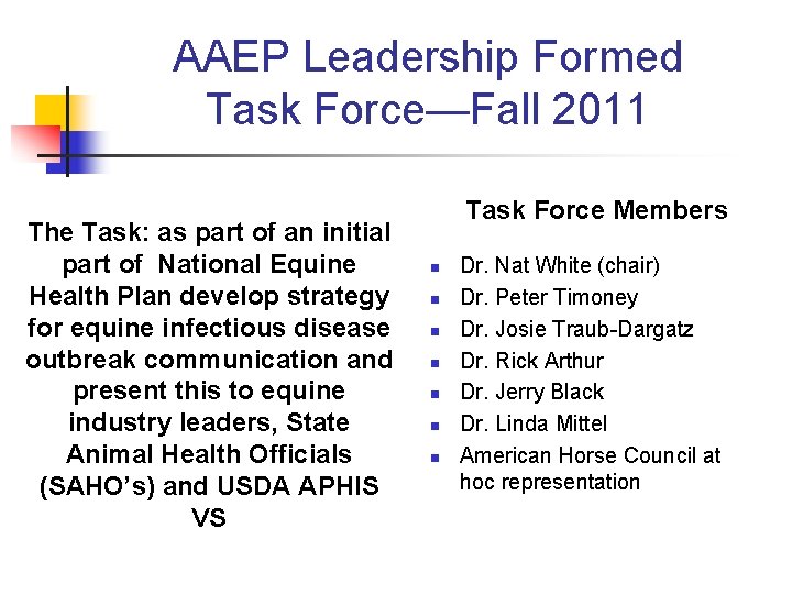 AAEP Leadership Formed Task Force—Fall 2011 The Task: as part of an initial part AAEP Leadership Formed Task Force—Fall 2011 The Task: as part of an initial part