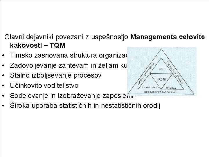  Glavni dejavniki povezani z uspešnostjo Managementa celovite kakovosti – TQM • Timsko zasnovana