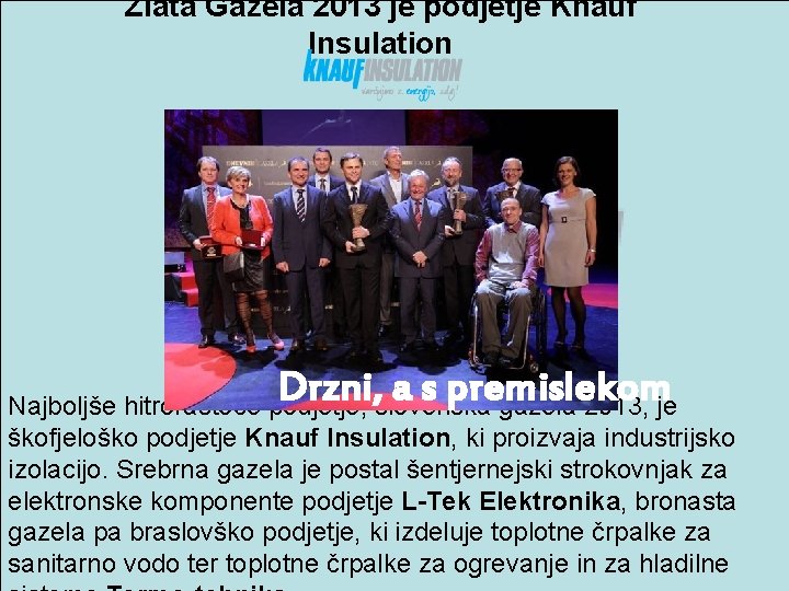 Zlata Gazela 2013 je podjetje Knauf Insulation Drzni, a s premislekom Najboljše hitrorastoče podjetje,