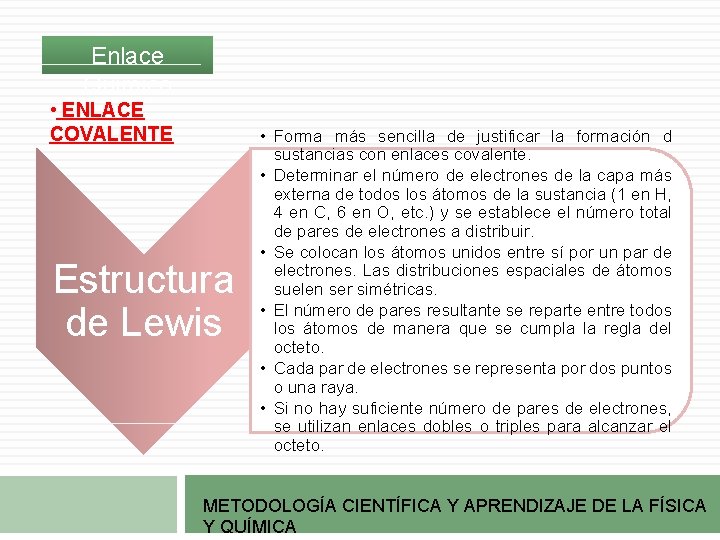 Enlace Químico • ENLACE COVALENTE Estructura de Lewis • Forma más sencilla de justificar Enlace Químico • ENLACE COVALENTE Estructura de Lewis • Forma más sencilla de justificar