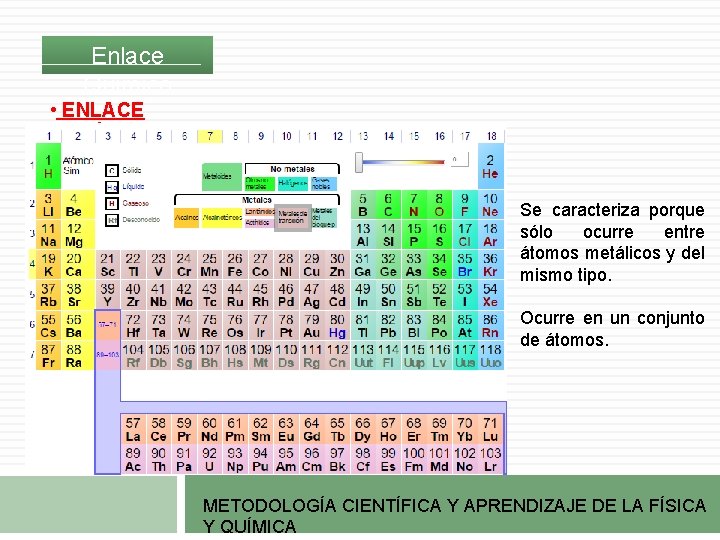 Enlace Químico • ENLACE METÁLICO Se caracteriza porque sólo ocurre entre átomos metálicos y Enlace Químico • ENLACE METÁLICO Se caracteriza porque sólo ocurre entre átomos metálicos y