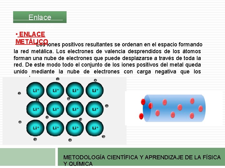 Enlace Químico • ENLACE METÁLICO Los iones positivos resultantes se ordenan en el espacio Enlace Químico • ENLACE METÁLICO Los iones positivos resultantes se ordenan en el espacio
