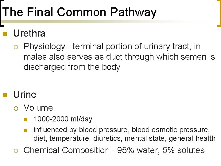 The Final Common Pathway n Urethra ¡ n Physiology - terminal portion of urinary