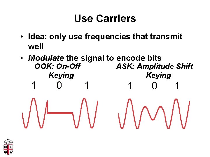 Use Carriers • Idea: only use frequencies that transmit well • Modulate the signal