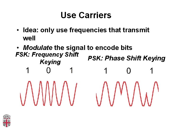 Use Carriers • Idea: only use frequencies that transmit well • Modulate the signal