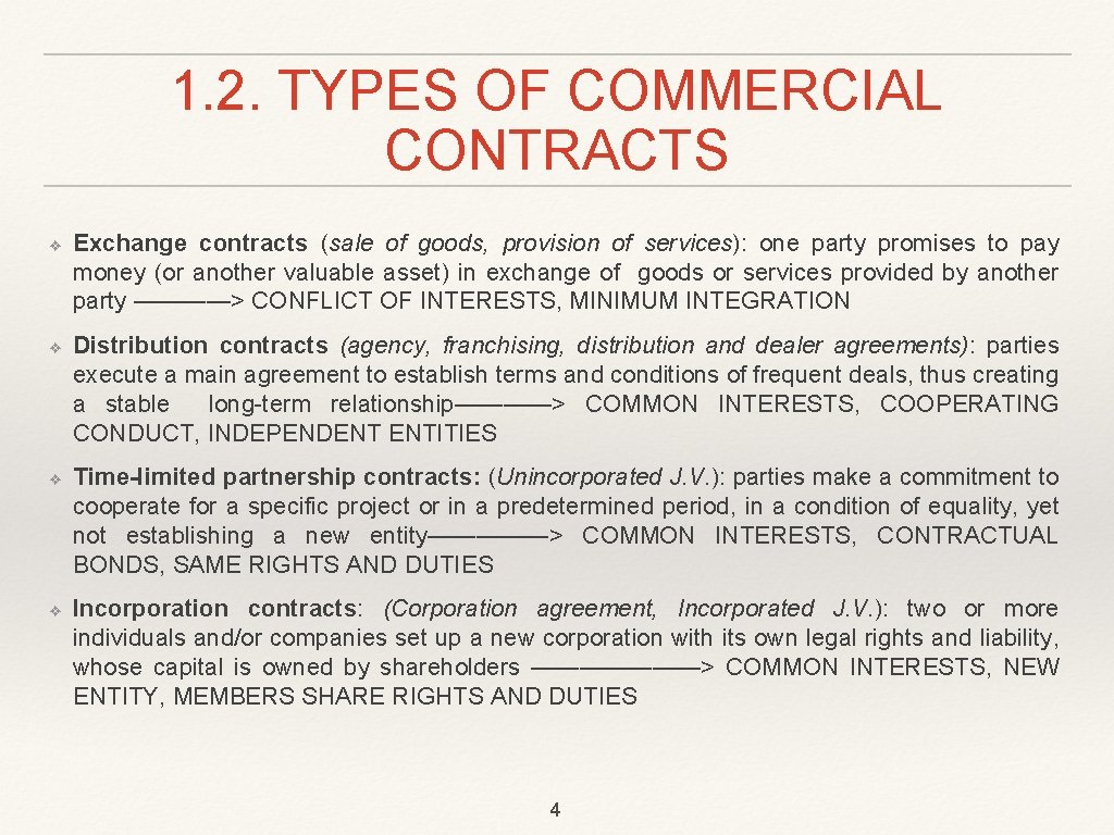 1. 2. TYPES OF COMMERCIAL CONTRACTS ❖ ❖ Exchange contracts (sale of goods, provision