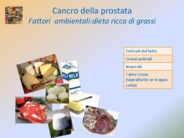 Cancro della prostata Fattori ambientali: dieta ricca di grassi Derivati del latte Grassi animali