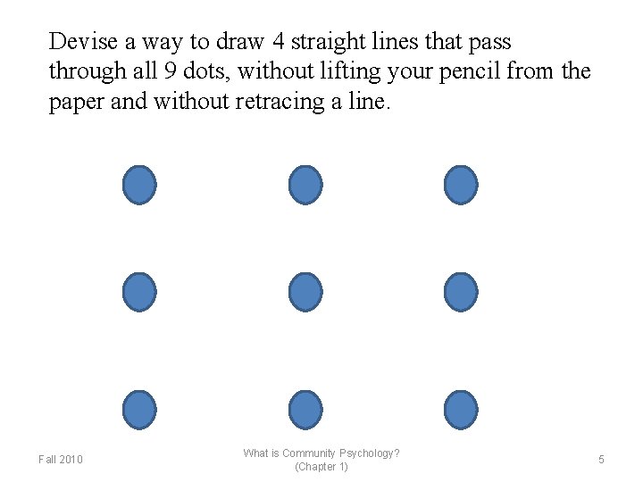 Devise a way to draw 4 straight lines that pass through all 9 dots,