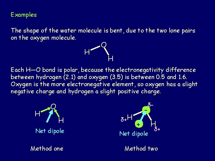 Examples The shape of the water molecule is bent, due to the two lone
