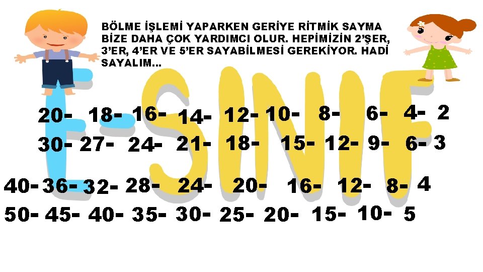 BÖLME İŞLEMİ YAPARKEN GERİYE RİTMİK SAYMA BİZE DAHA ÇOK YARDIMCI OLUR. HEPİMİZİN 2’ŞER, 3’ER,