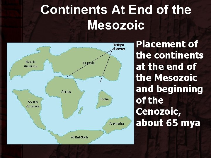 Continents At End of the Mesozoic Tethys Seaway Placement of the continents at the