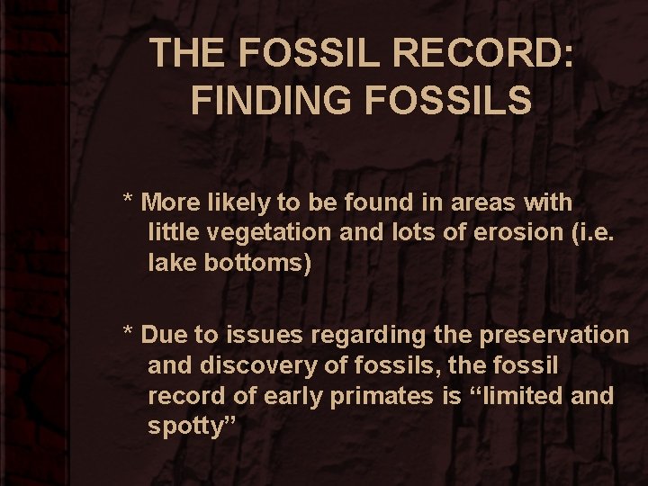 THE FOSSIL RECORD: FINDING FOSSILS * More likely to be found in areas with