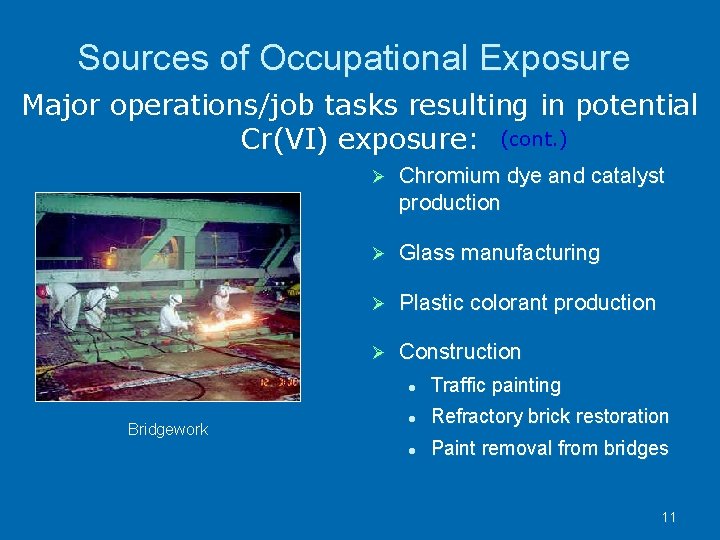 Sources of Occupational Exposure Major operations/job tasks resulting in potential Cr(VI) exposure: (cont. )