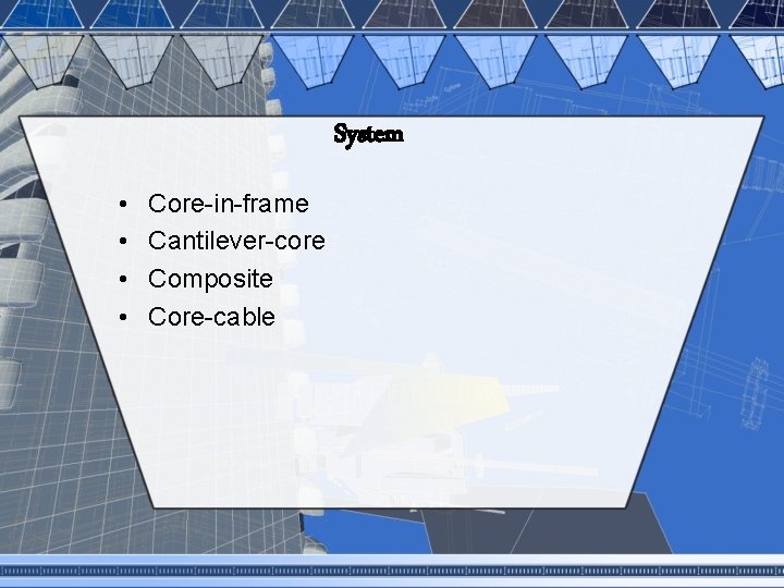 System • • Core-in-frame Cantilever-core Composite Core-cable 