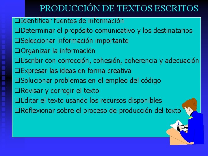 PRODUCCIÓN DE TEXTOS ESCRITOS q. Identificar fuentes de información q. Determinar el propósito comunicativo