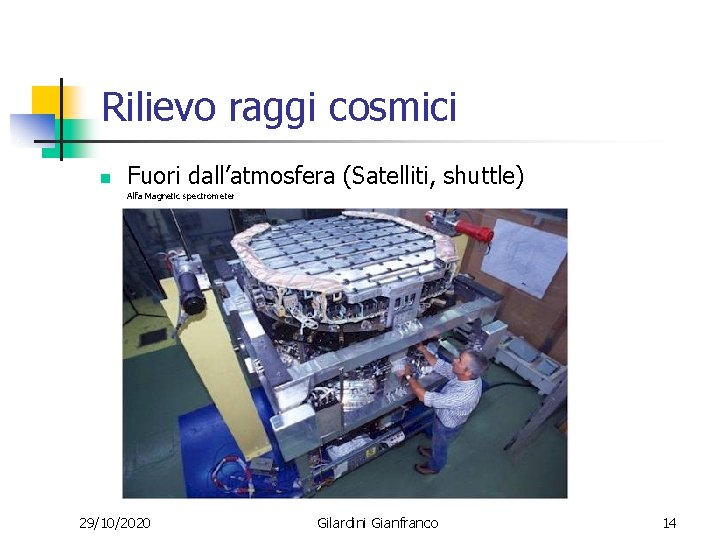 Rilievo raggi cosmici n Fuori dall’atmosfera (Satelliti, shuttle) Alfa Magnetic spectrometer 29/10/2020 Gilardini Gianfranco