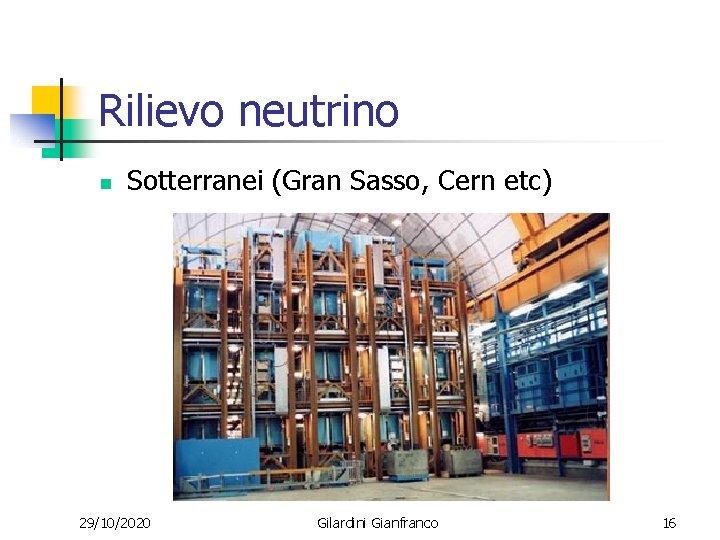 Rilievo neutrino n Sotterranei (Gran Sasso, Cern etc) 29/10/2020 Gilardini Gianfranco 16 