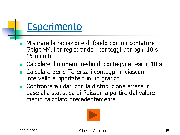 Esperimento n n Misurare la radiazione di fondo con un contatore Geiger-Muller registrando i