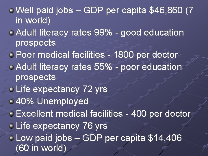 Well paid jobs – GDP per capita $46, 860 (7 in world) Adult literacy