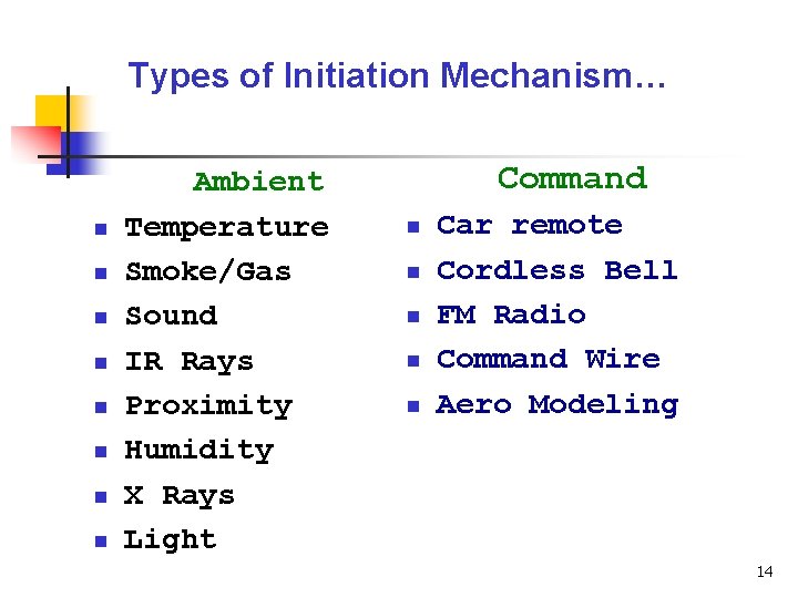 Types of Initiation Mechanism… n n n n Ambient Temperature Smoke/Gas Sound IR Rays