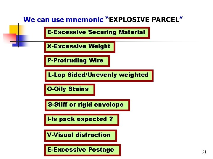 Recognition Sign We can use mnemonic “EXPLOSIVE PARCEL” E-Excessive Securing Material X-Excessive Weight P-Protruding