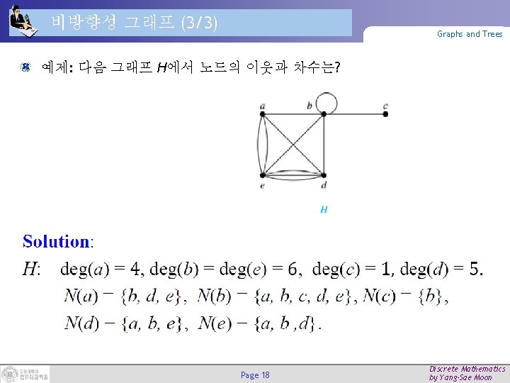 비방향성 그래프 (3/3) Graphs and Trees 예제: 다음 그래프 H에서 노드의 이웃과 차수는? Page