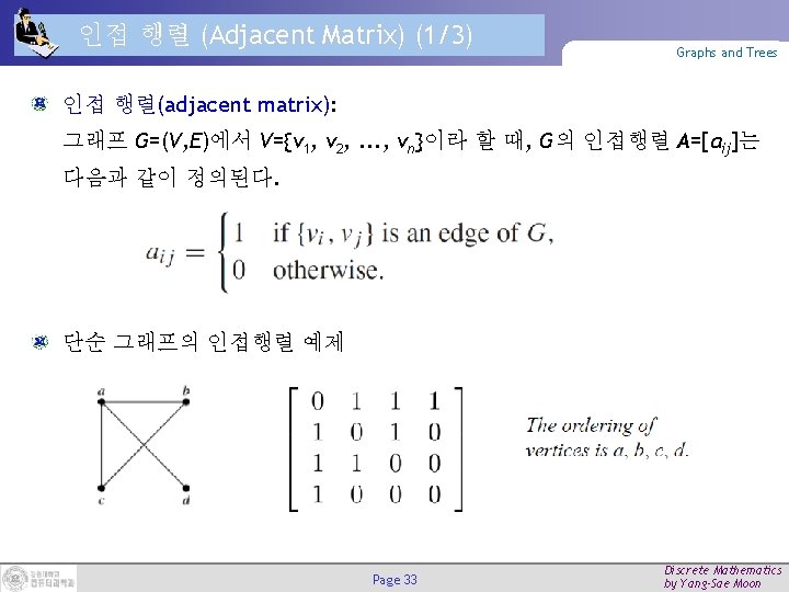 인접 행렬 (Adjacent Matrix) (1/3) Graphs and Trees 인접 행렬(adjacent matrix): 그래프 G=(V, E)에서