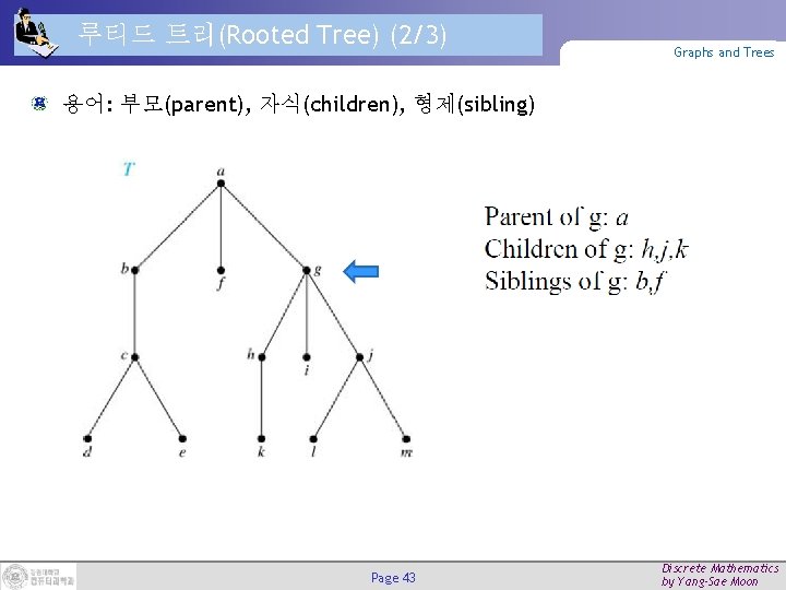 루티드 트리(Rooted Tree) (2/3) Graphs and Trees 용어: 부모(parent), 자식(children), 형제(sibling) Page 43 Discrete