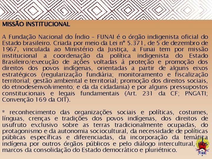  MISSÃO INSTITUCIONAL A Fundação Nacional do Índio – FUNAI é o órgão indigenista