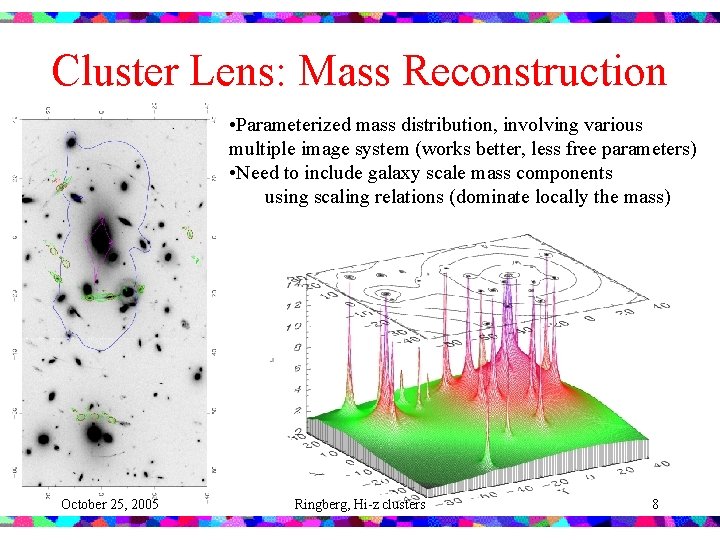 Cluster Lens: Mass Reconstruction • Parameterized mass distribution, involving various multiple image system (works