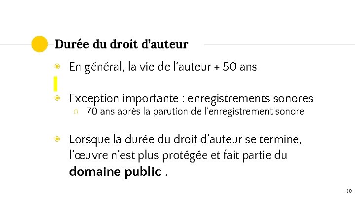 Durée du droit d’auteur ◉ En général, la vie de l’auteur + 50 ans