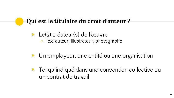 Qui est le titulaire du droit d’auteur ? ◉ Le(s) créateur(s) de l’œuvre ○