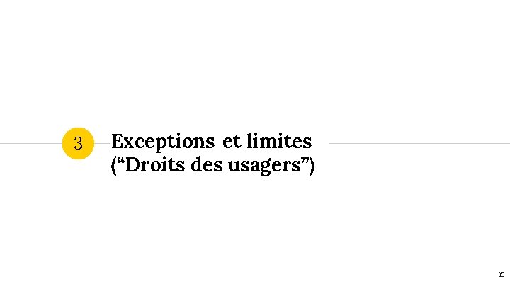 3 Exceptions et limites (“Droits des usagers”) 15 